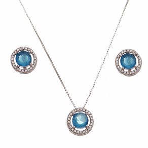 Conjunto-Redondo-Brinco-e-Colar-com-Cristal-azul-Paraiba-em-Prata-e-Rodio-|Classic Conjunto-Redondo-Brinco-e-Colar-com-Cristal-azul-Paraiba-em-Prata-e-Rodio-|Classic