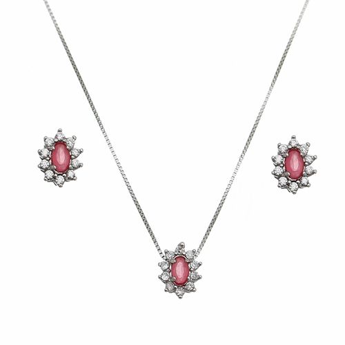 Conjunto-Oval-com-Zirconia-Rubelita-e-Brancas-em-Prata-e-Rodio-|-Classic Conjunto-Oval-com-Zirconia-Rubelita-e-Brancas-em-Prata-e-Rodio-|-Classic