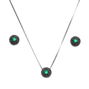 ConjuntoBrincoeColarcomZirconiasNegraseVerdeemPrataeRodioNegro ConjuntoBrincoeColarcomZirconiasNegraseVerdeemPrataeRodioNegro